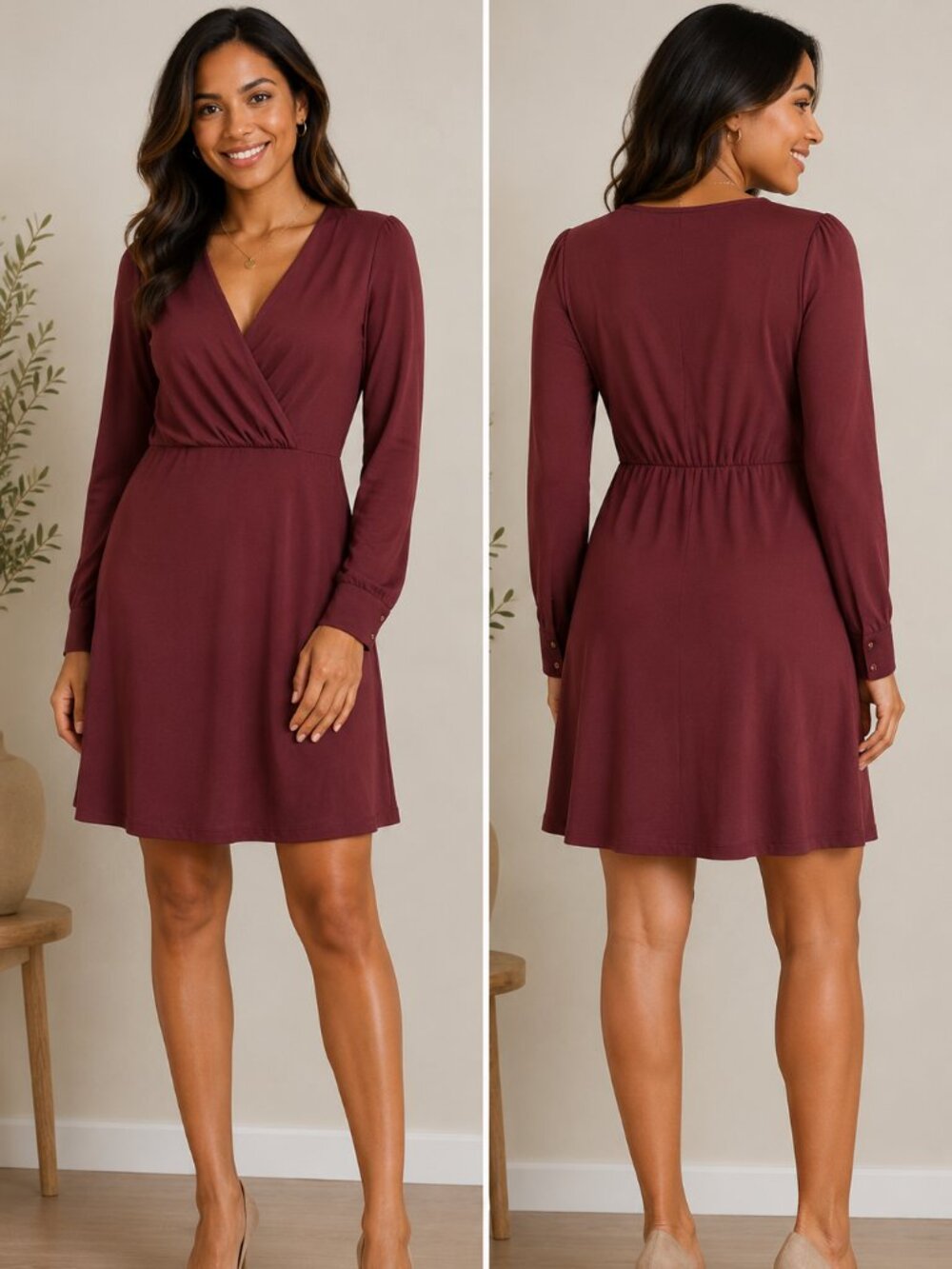 H&M Women's Burgundy Faux Wrap Dress Size 8 Long Sleeve Stretch Knee Length